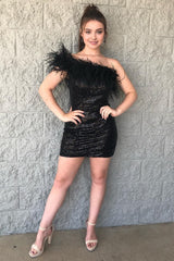 black one shoulder sequins short homecoming dress with feathers