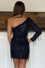 black one shoulder sequins short homecoming dress with fringes