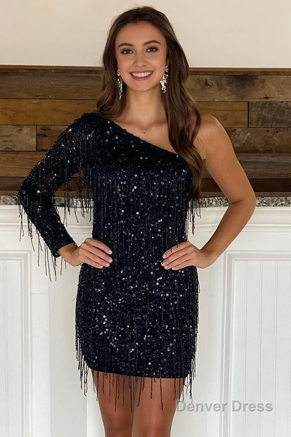 Black One Shoulder Sequins Short Homecoming Dress with Fringes Main image