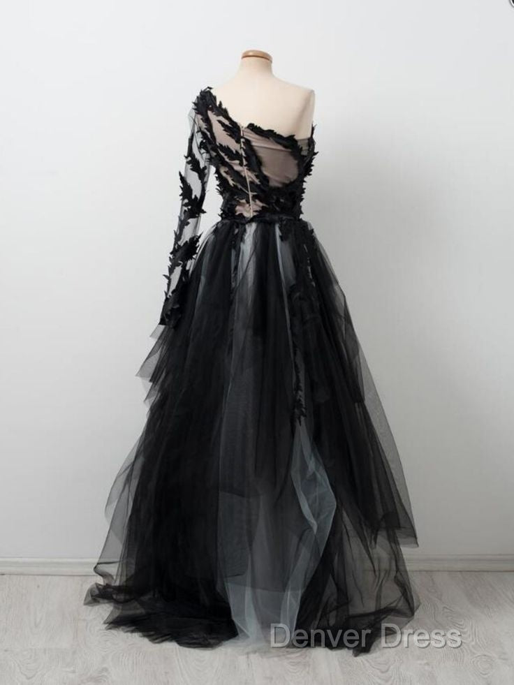Black One Shoulder Tulle Long Prom Dresses Evening Dresses