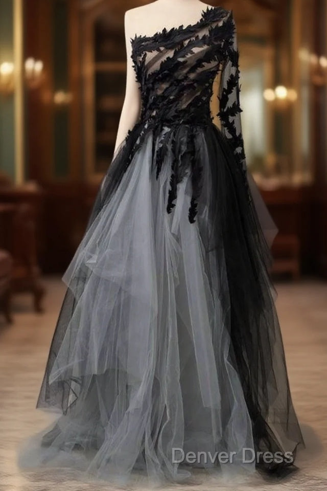 Black One Shoulder Tulle Long Prom Dresses Evening Dresses Main image