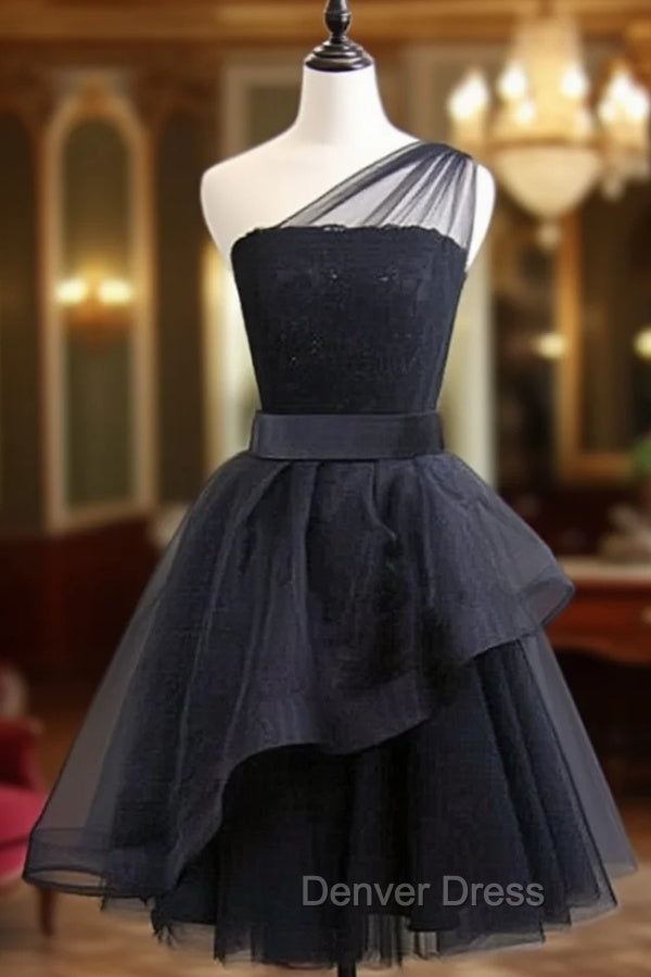 Black One Shoulder Tulle Short Formal Dresses, Black Homecoming Dresses