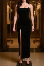 Black Party Dresses, Gorgeous Spaghetti-Straps Mermaid Prom Dresses Long With Split Evening gowns