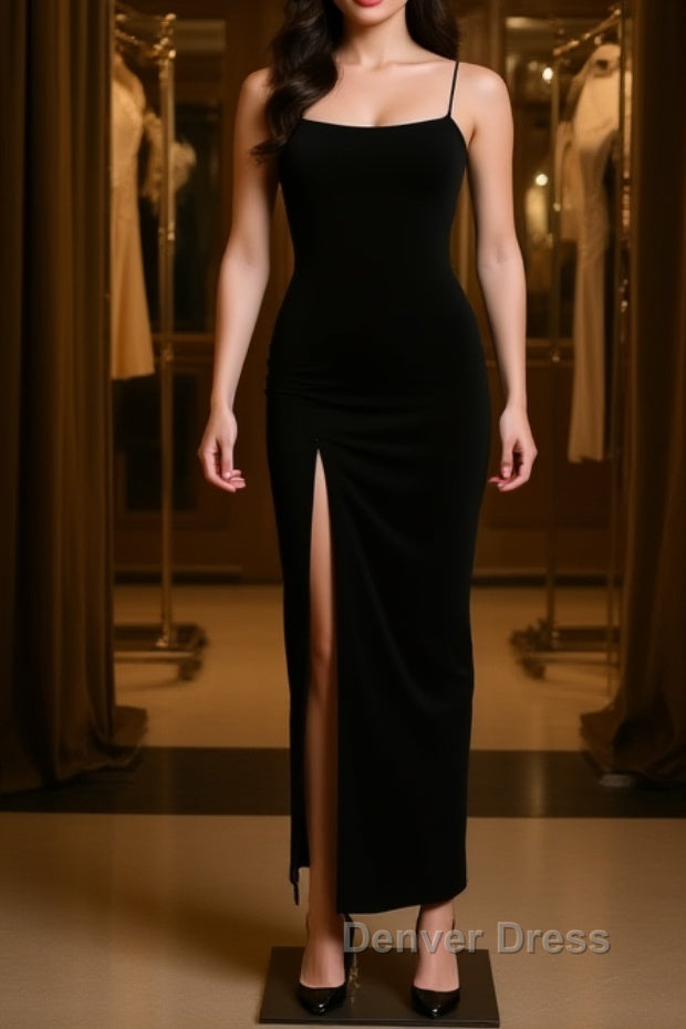 Black Party Dresses, Gorgeous Spaghetti-Straps Mermaid Prom Dresses Long With Split Evening gowns