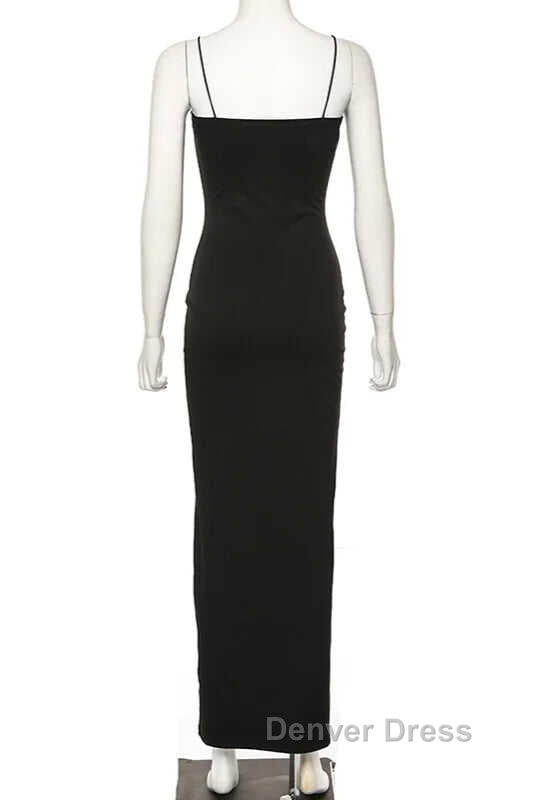 Black Party Dresses, Gorgeous Spaghetti-Straps Mermaid Prom Dresses Long With Split Evening gowns