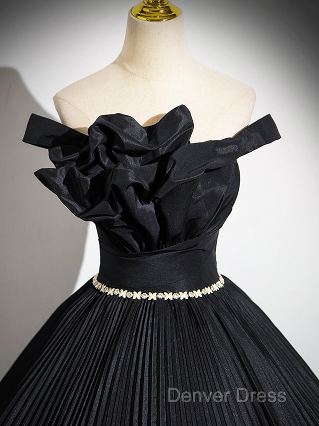 Black Pleated Long A-Line Party Gown With Rhinestone Sash, Elegant Off The Shoulder Formal Evening Dresses