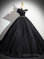 Black Pleated Long A-Line Party Gown With Rhinestone Sash, Elegant Off The Shoulder Formal Evening Dresses