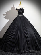 Black Pleated Long A Line Prom Gowns With Rhinestone Sash, Elegant Off The Shoulder Prom Dresses
