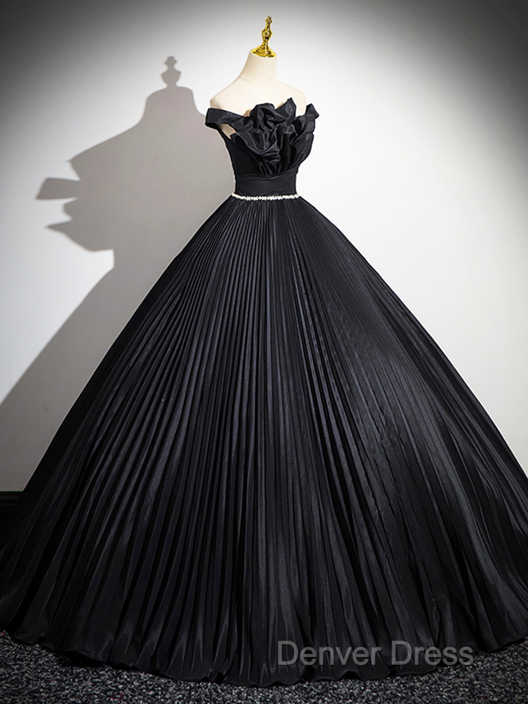 Black Pleated Long A Line Prom Gowns With Rhinestone Sash, Elegant Off The Shoulder Prom Dresses