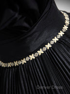 Black Pleated Long A-Line Party Gown With Rhinestone Sash, Elegant Off The Shoulder Formal Evening Dresses
