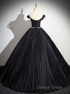 Black Pleated Long A-Line Party Gown With Rhinestone Sash, Elegant Off The Shoulder Formal Evening Dresses