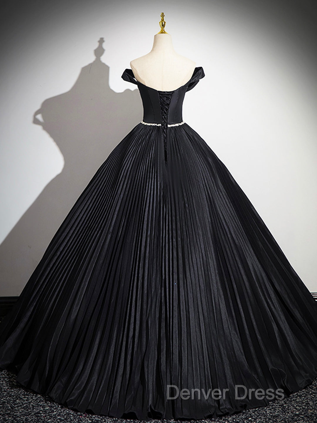 Black Pleated Long A-Line Party Gown With Rhinestone Sash, Elegant Off The Shoulder Formal Evening Dresses