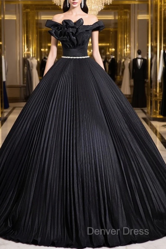 Black Pleated Long A-Line Party Gown With Rhinestone Sash, Elegant Off The Shoulder Formal Evening Dresses Main image
