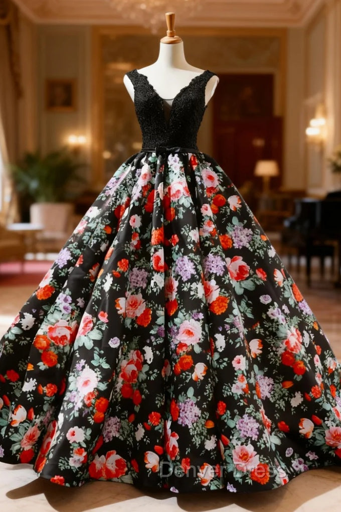 Black Print Satin Lace V-neck Backless Floor Length Wedding Dresses Main image