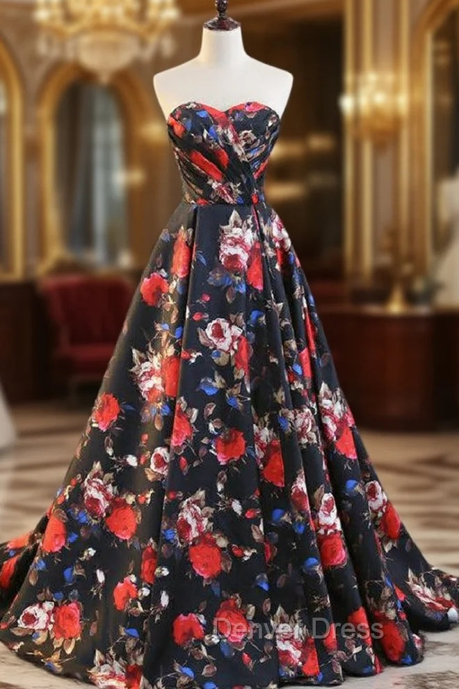 Black Print Satin Sweethearth Prom Dresses With Split Main image