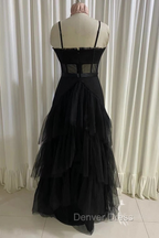 Black Prom Dress, Elegant A Line Layered Tulle Prom Dress,Sheer Corset Long Prom Dresses