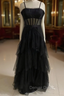 Black Prom Dress, Elegant A Line Layered Tulle Prom Dress,Sheer Corset Long Prom Dresses