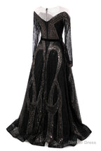 Black Prom Dresses A-line Heavily Beading Long Sleeves Women Evening Dresses