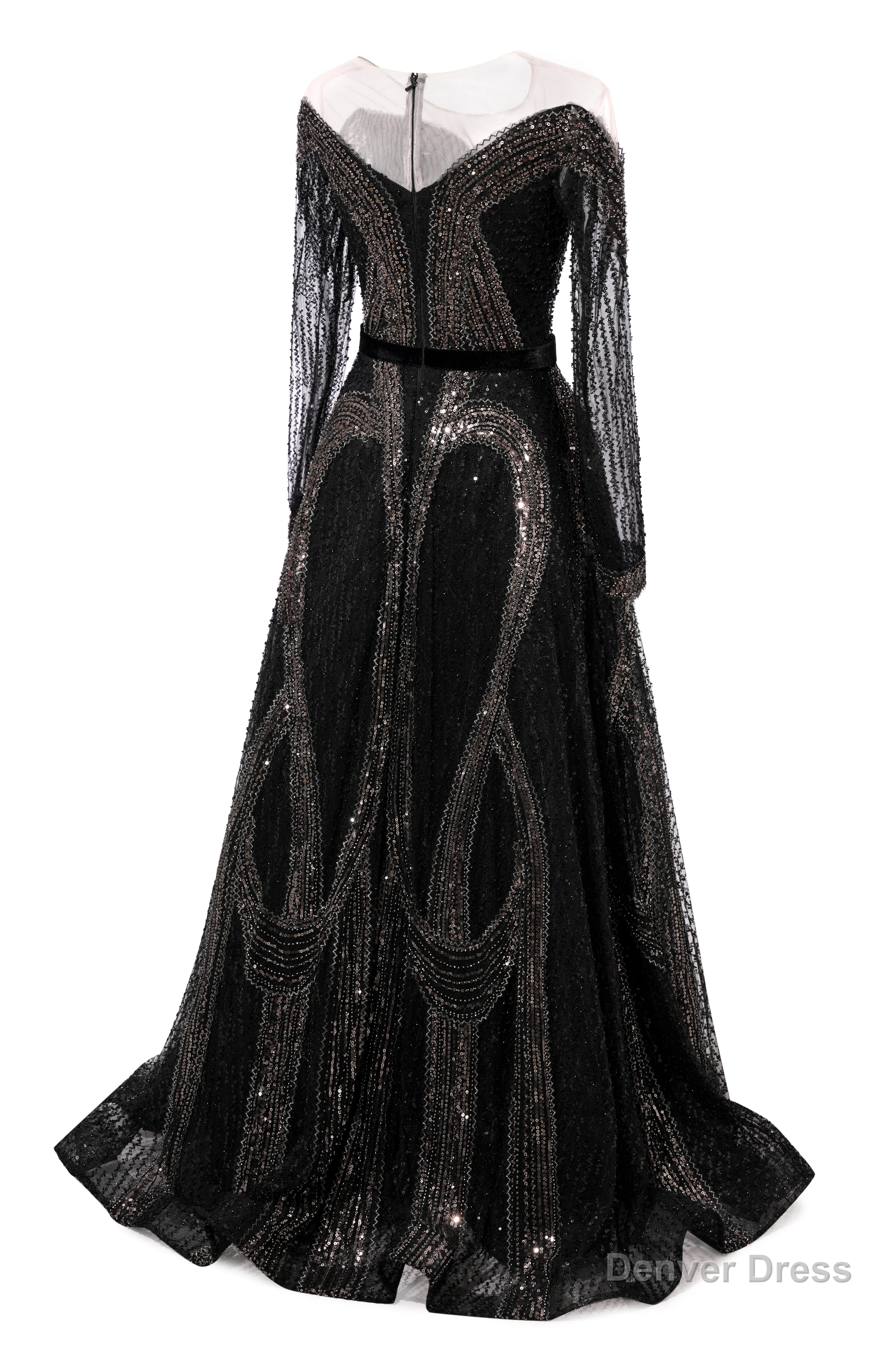 Black Prom Dresses A-line Heavily Beading Long Sleeves Women Evening Dresses