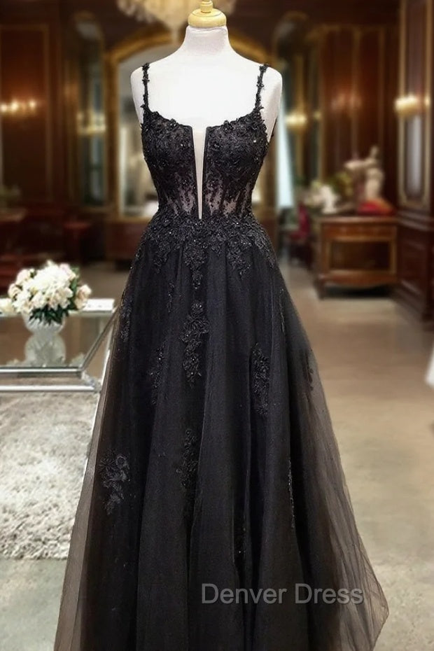 Black Prom Dresses, A-line Square Neckline Spaghetti Straps Long/Floor-Length Tulle Prom Dresses With Glitter Beading Appliqued Main image