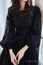 Black Puffy Sleeves Tulle With Lace Long Prom Dress, A Line Back Long Prom Dresses