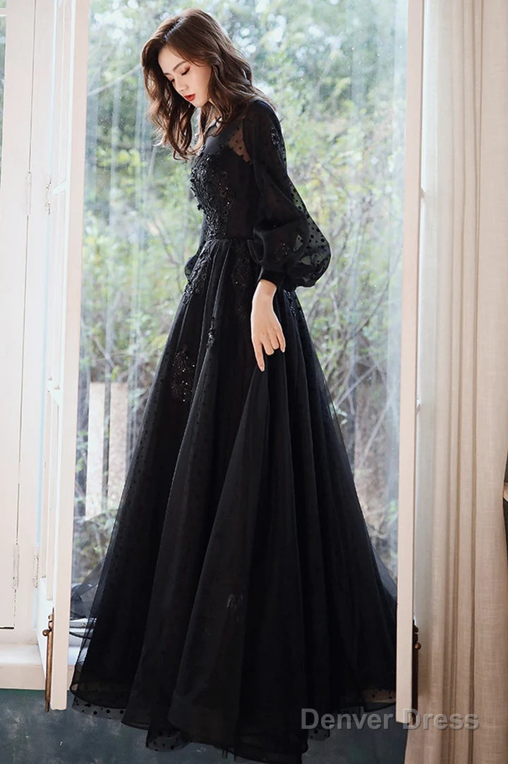Black Puffy Sleeves Tulle With Lace Long Evening Dress, A-Line Back Long Formal Dress