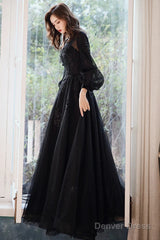 Black Puffy Sleeves Tulle With Lace Long Evening Dress, A-Line Back Long Formal Dress