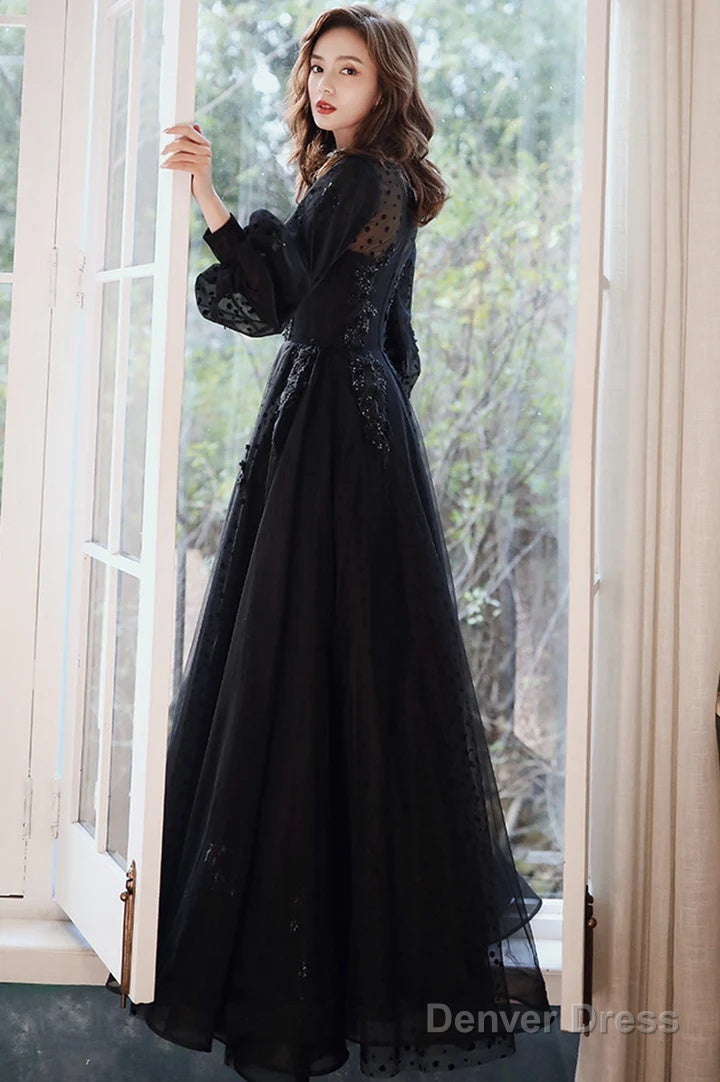 Black Puffy Sleeves Tulle With Lace Long Evening Dress, A-Line Back Long Formal Dress