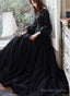 Black Puffy Sleeves Tulle With Lace Long Evening Dress, A-Line Back Long Formal Dress