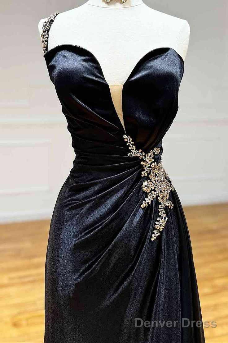 Black Rhinestone One Shoulder A Line Prom Dress With Slit Secondary image