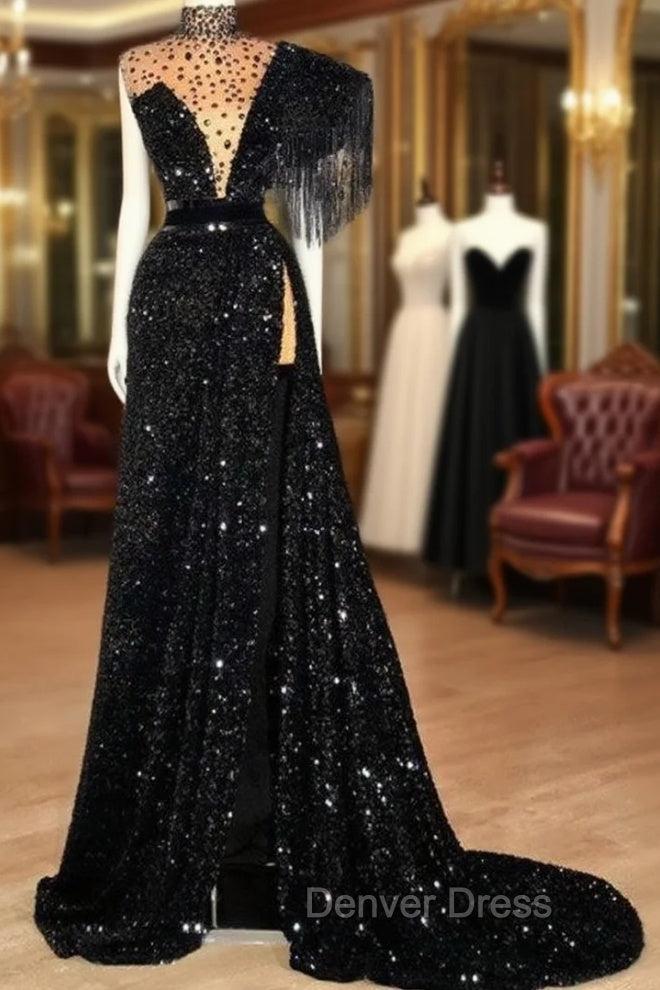 Black Robe De Soiree A-Line High Collar Sequins Sparkle Beaded Slit Sexy Long Prom Dresses Prom Gown Evening Dresses Main image