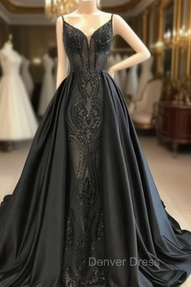 Black Robe De Soiree A-Line Spaghetti Straps Appliques Long Prom Dresses Prom Gown Evening Dresses