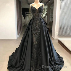 Black Robe De Soiree A-Line Spaghetti Straps Appliques Long Prom Dresses Prom Gown Evening Dresses