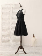Black Round Neck Lace Beads Short Prom Dress, Black Homecoming Dresses