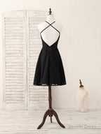 Black Round Neck Lace Beads Short Prom Dress, Black Homecoming Dresses