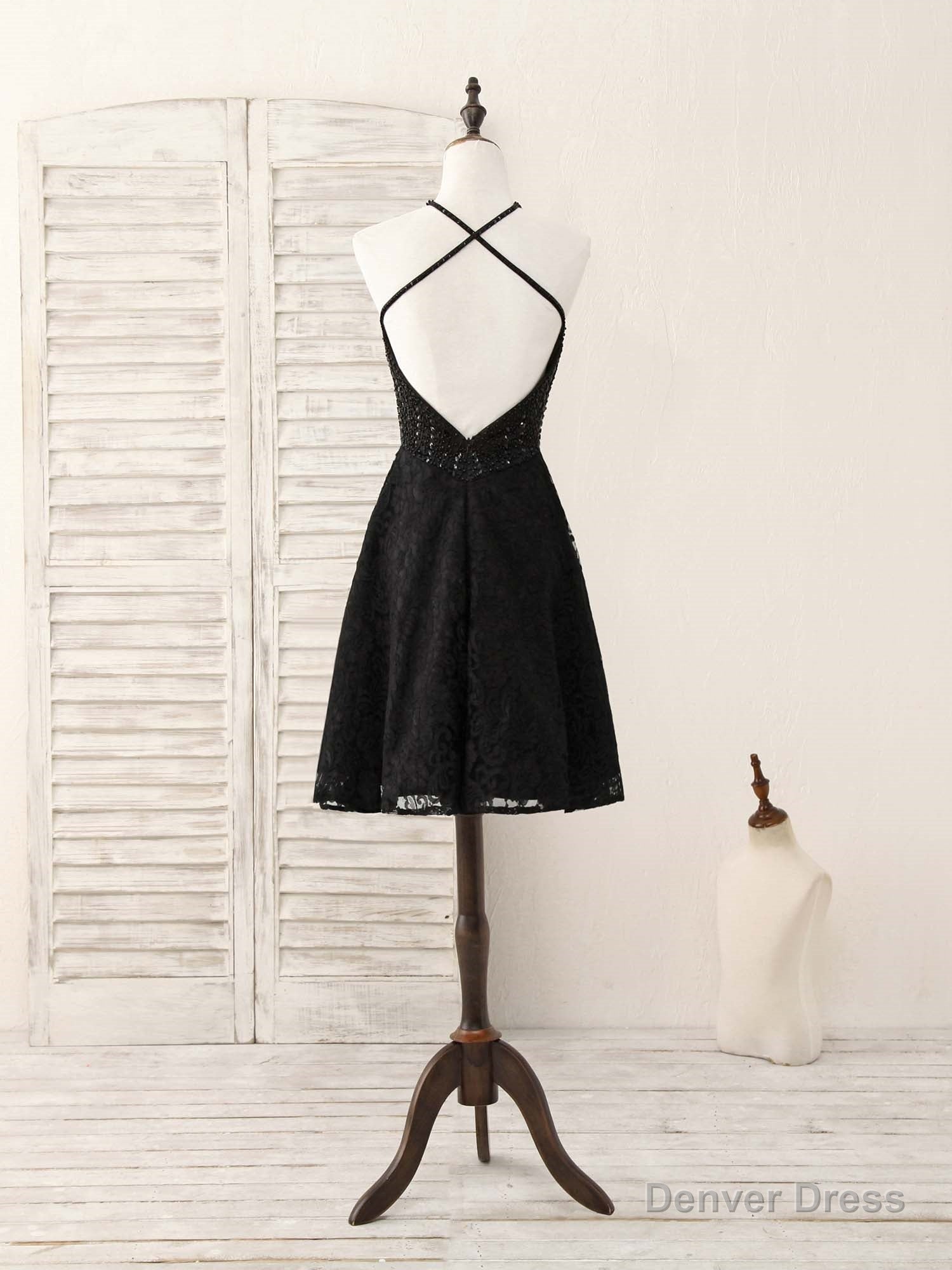 Black Round Neck Lace Beads Short Prom Dress, Black Homecoming Dresses