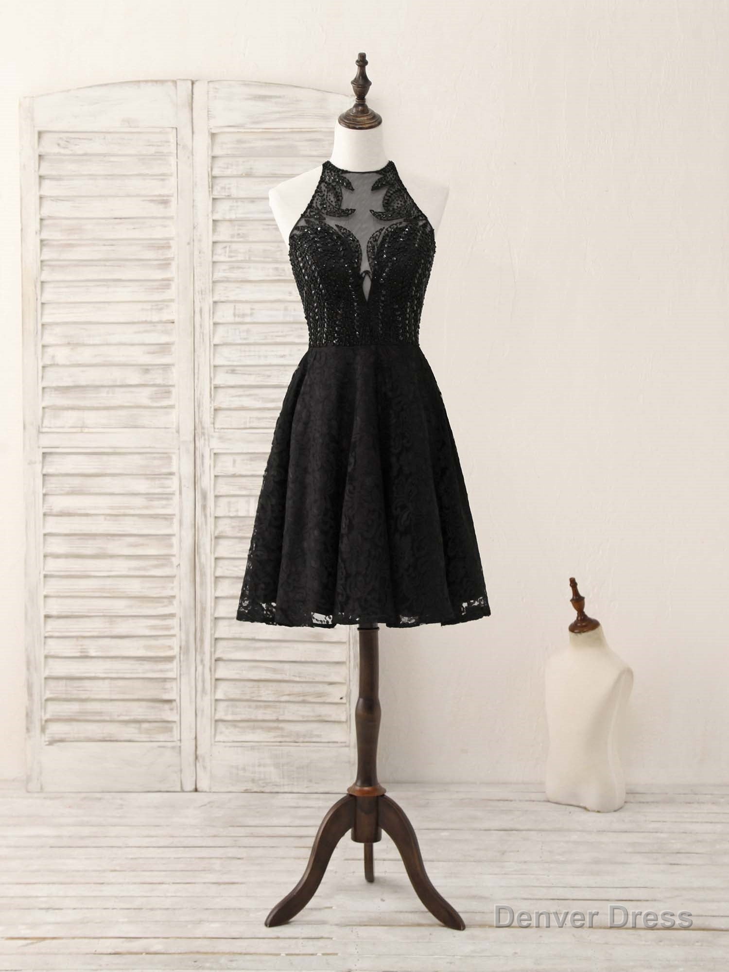 Black Round Neck Lace Beads Short Prom Dress, Black Homecoming Dresses Main image