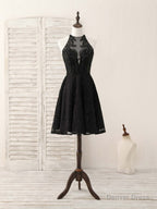 Black Round Neck Lace Beads Short Prom Dress, Black Homecoming Dresses