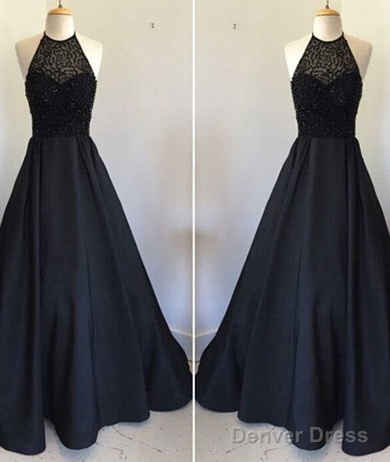 Black Round Neck Satin Long Prom Dress, Black Evening Dress Main image