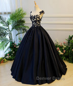 Black round neck satin long prom Gowns, black Prom Dresses