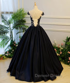 Black round neck satin long prom Gowns, black Prom Dresses