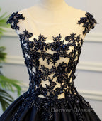 Black round neck satin long prom Gowns, black Prom Dresses
