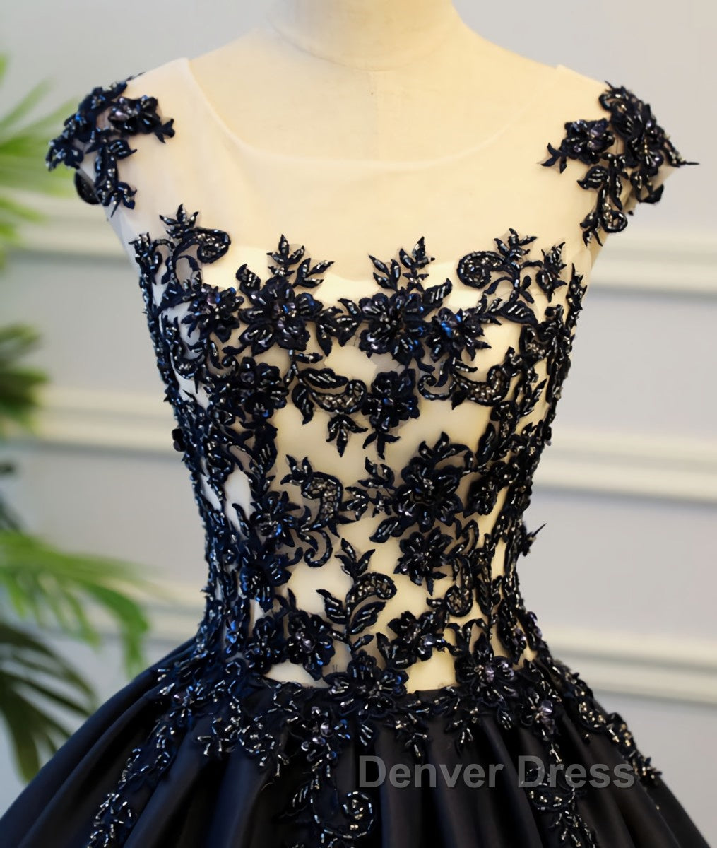 Black round neck satin long prom Gowns, black Prom Dresses