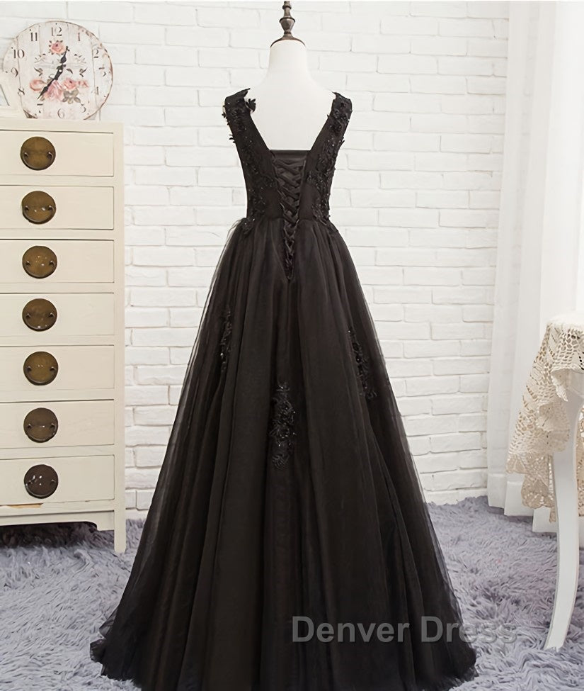 Black round neck tulle lace long prom Dress, black Prom Dresses Secondary image