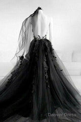 Black Round Neck Tulle Lace Long Prom Dress Black Tulle Formal Dress
