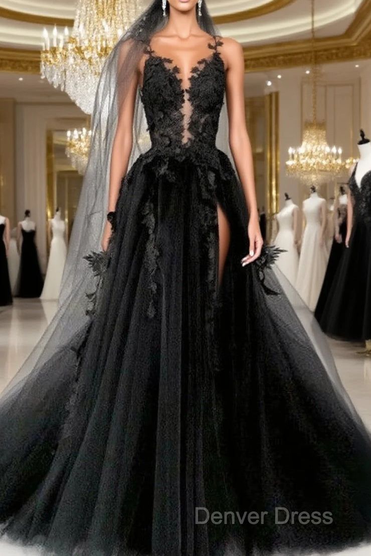Black Round Neck Tulle Lace Long Prom Dresses Black Tulle Formal Dresses Main image