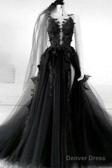 Black Round Neck Tulle Lace Long Prom Dress Black Tulle Formal Dress