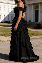 Black Ruffled A-Line Square Neck Long Prom Dresses