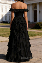 Black Ruffled A-Line Square Neck Long Prom Dresses