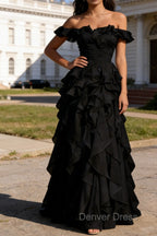 Black Ruffled A-Line Square Neck Long Prom Dresses